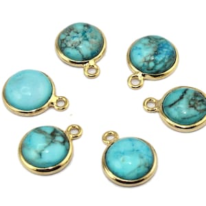 Charming Smooth Round Doublet Natural Turquoise 24k Gold Plated, Flat Back Single Bail Charm Connector Pendant Making DIY Jewelry
