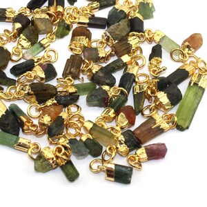 Natural Rough Multi Color Tourmaline 24k Gold Electroplated Raw Gemstone Pendant Charms Connector Single Bail DIY Jewelry Making Findings