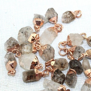 Natural Raw Herkimer Diamond Charms Pendants Connectors, 8mm To 10mm Raw Quartz Charms Rose Gold Electroplated Wholesale DIY Jewelry Making