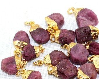 Rough Ruby Pendant: 24k Gold Electroplated Gemstone Connector (16-22mm)  for DIY Jewelry Making Supply