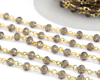 Chaîne de chapelet en quartz fumé à facettes : fil de chaîne en perles plaqué or 24 carats enroulé de 3 à 3,5 mm