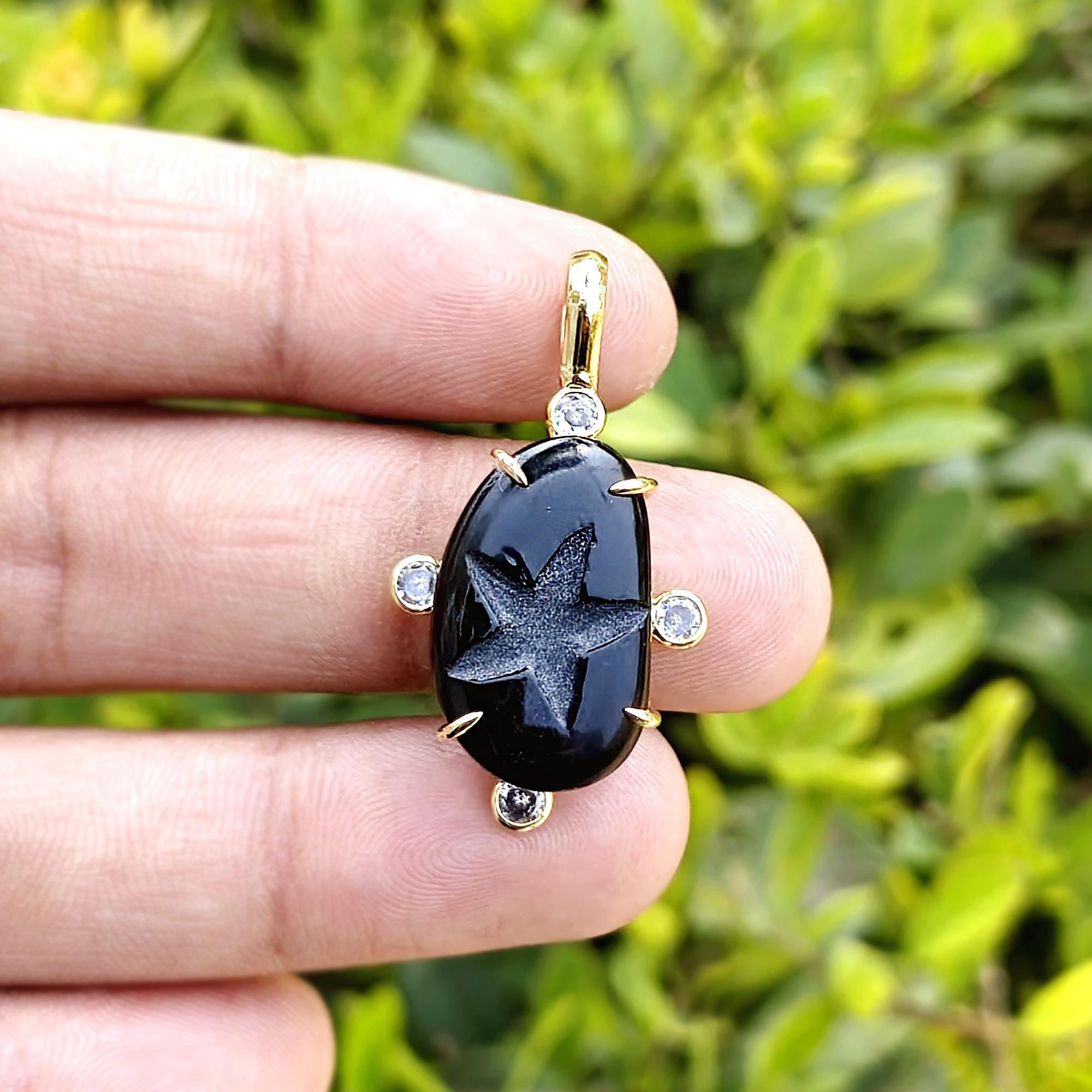 Black Onyx Star Carved Pendant, Gold Plated CZ Charm Gothic Boho Jewelry