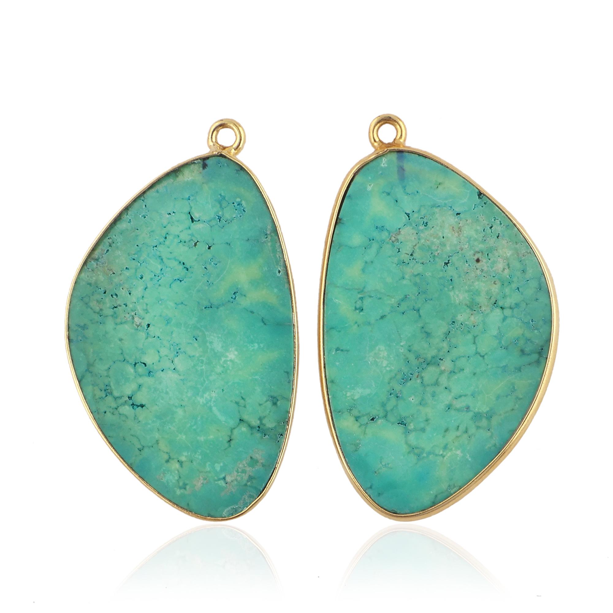 Gold Plated Tibetan Turquoise Earring Connectors, Bezel Set Charms