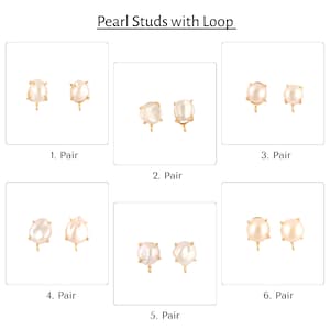 May include: A selection of six pairs of pearl stud earrings with loops, each displayed in individual square frames. The earrings feature various shapes of white pearls set in gold-colored metal. The text "Pearl Studs with Loop" is at the top.