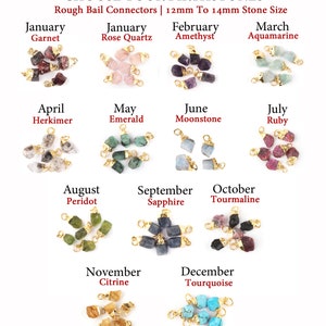 Pode incluir: Doze pingentes de pedras de nascimento com conectores de bail de ouro. Cada pingente é uma pedra natural bruta, que varia em tamanho de 12 mm a 14 mm. As pedras estão dispostas em filas por mês, com o nome da pedra e o mês abaixo de cada fila. As pedras são: Granada, Quartzo rosa, Ametista, Água-marinha, Herkimer, Esmeralda, Pedra da lua, Rubi, Peridoto, Safira, Turmalina, Citrino e Turquesa.