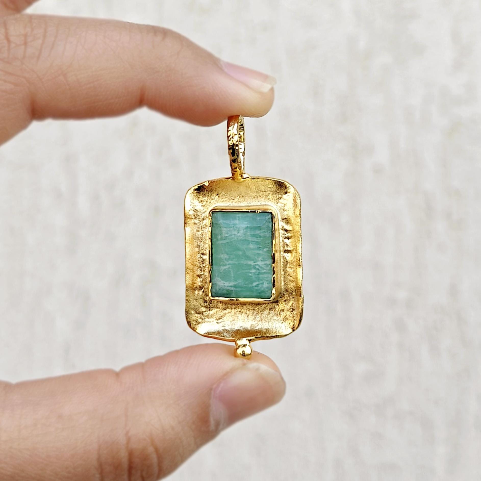 Natural Amazonite Rectangle Pendant Charms, Gold Plated Gemstone Necklace ( 1 Piece )