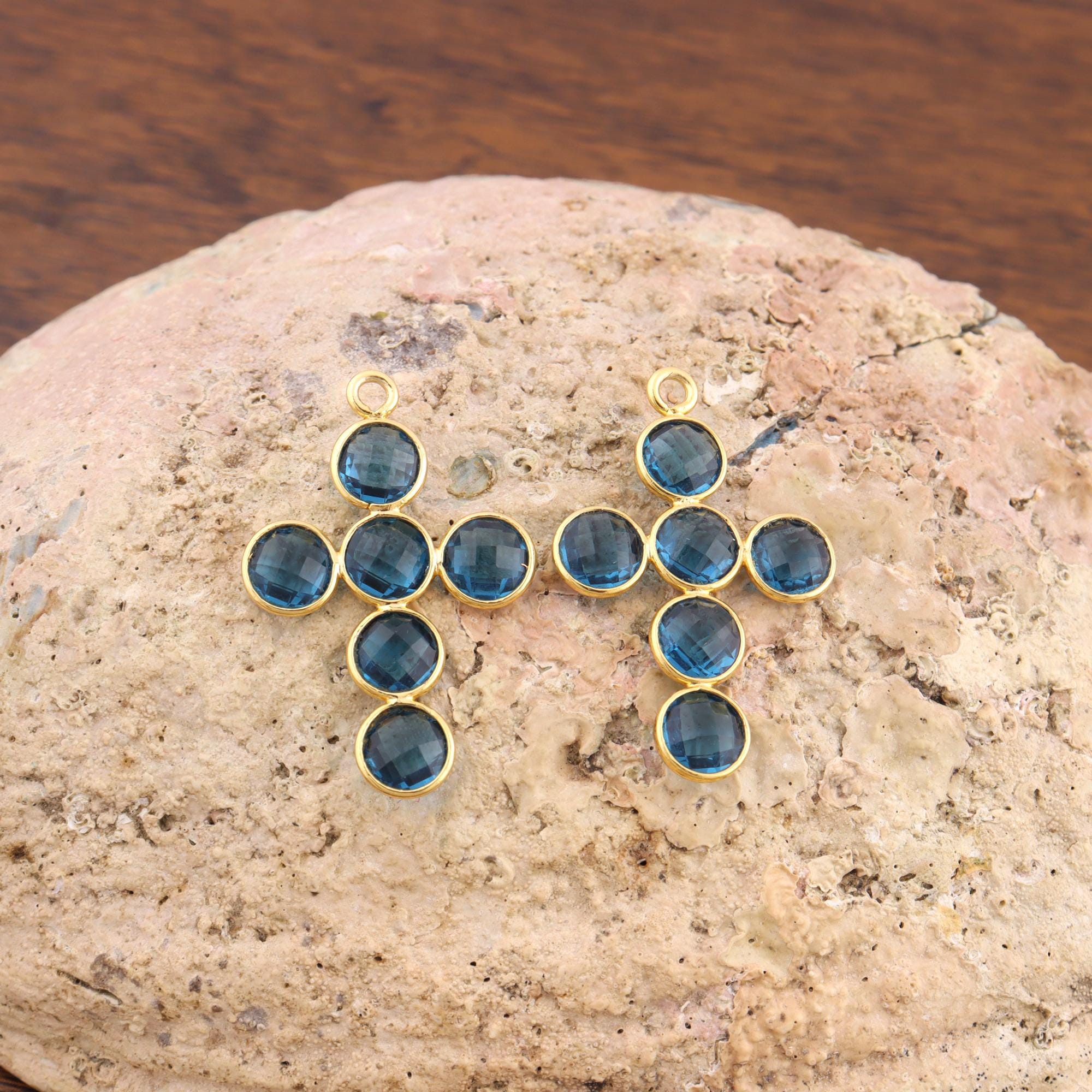 Iolite Hydro Quartz Cross Earring Connectors, Gold Plated Bezel Jewelry Holly Charm