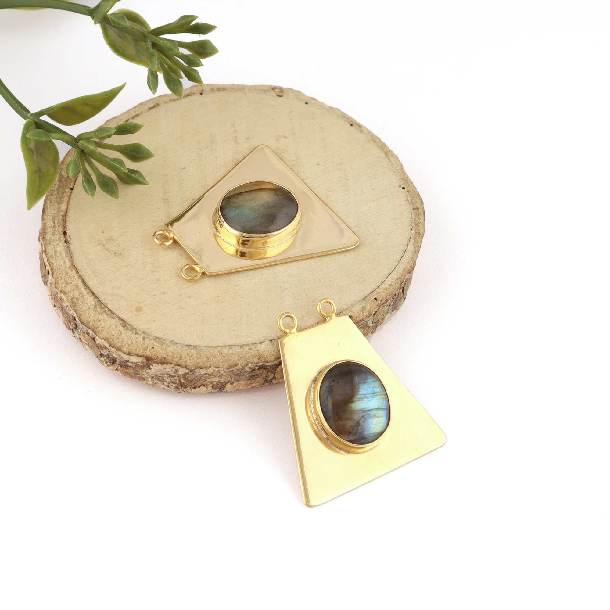 Natural Labradorite Connector Charms, Gold Plated (Pair)