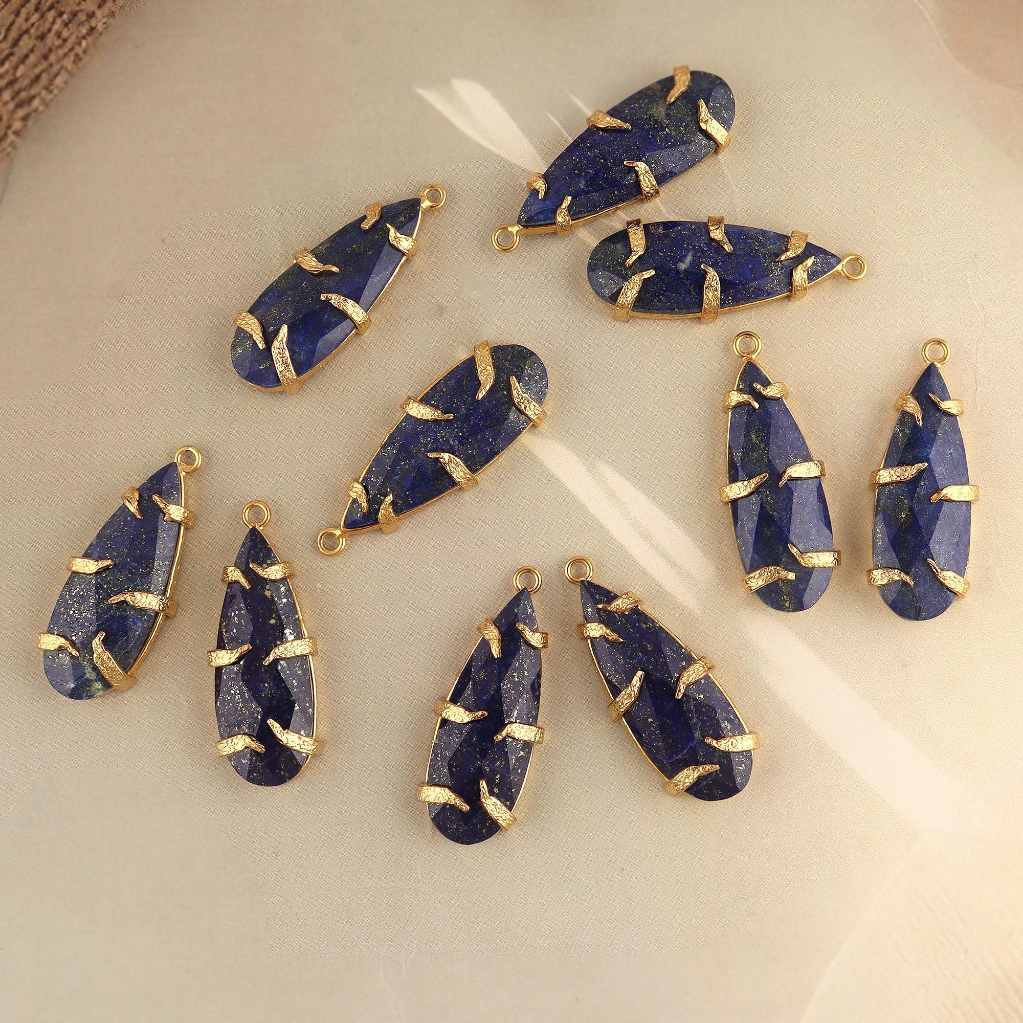 Lapis Lazuli Teardrop Earring Charms, Gold Plated Teardrop Connectors