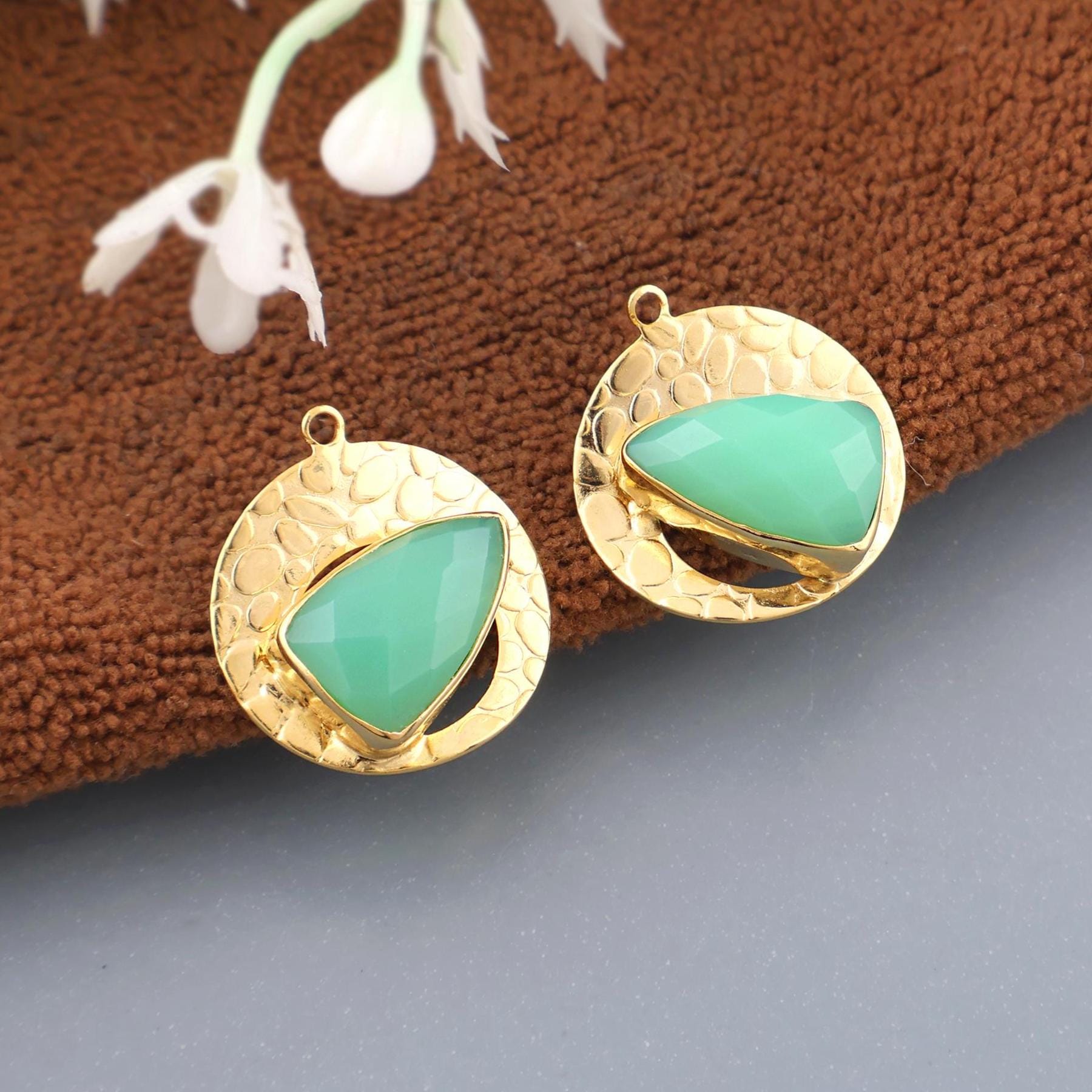 Cat's Eye Earring Pair, Chalcedony Trillion Stone 18k Gold Plated Brass Designer
