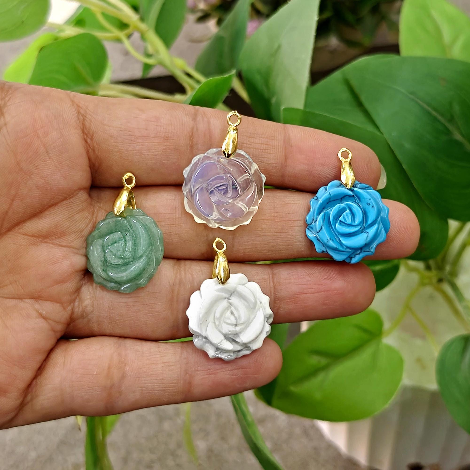 Flower Carved Pendant Charm, Multi Gemstone Rose Carve Gemstone Necklace Connector