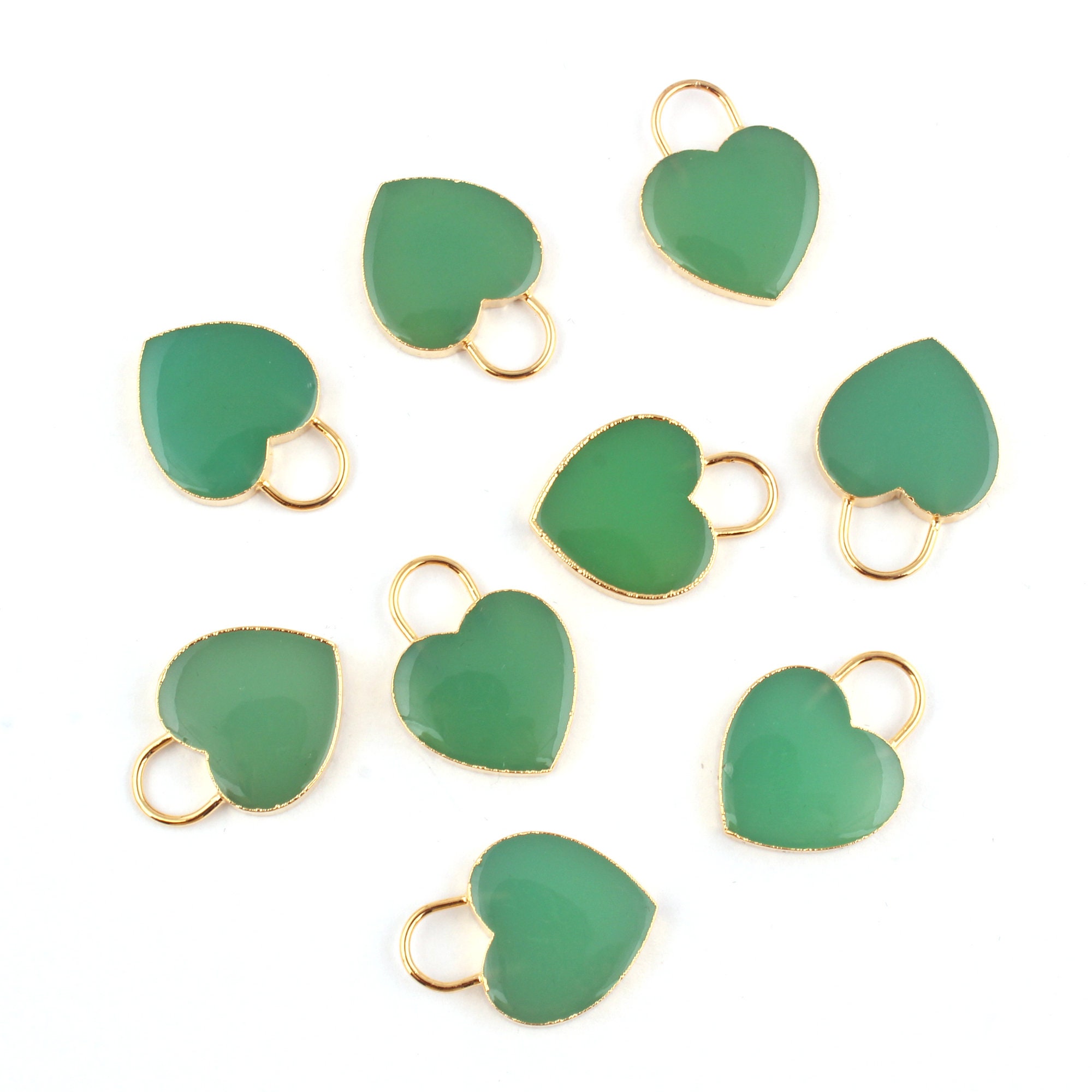 Lucchetto a forma di cuore in calcedonio verde, ciondoli a forma di cuore fai da te, connettori a forma di cuore placcati in oro, ciondoli in calcedonio, ciondoli a forma di cuore