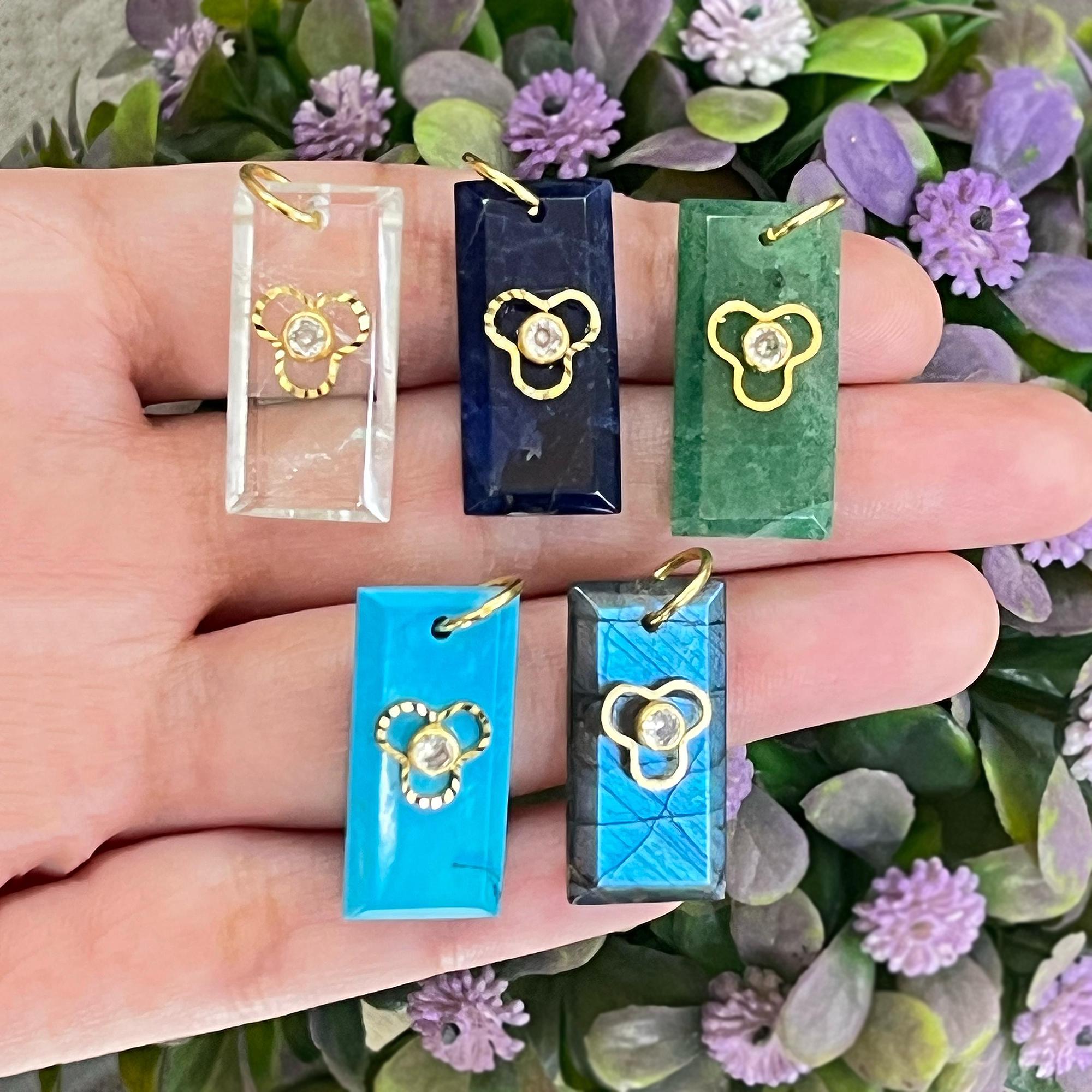 Gold Plated Gemstone Rectangle Pendant, CZ Connector Charm Necklace One Piece
