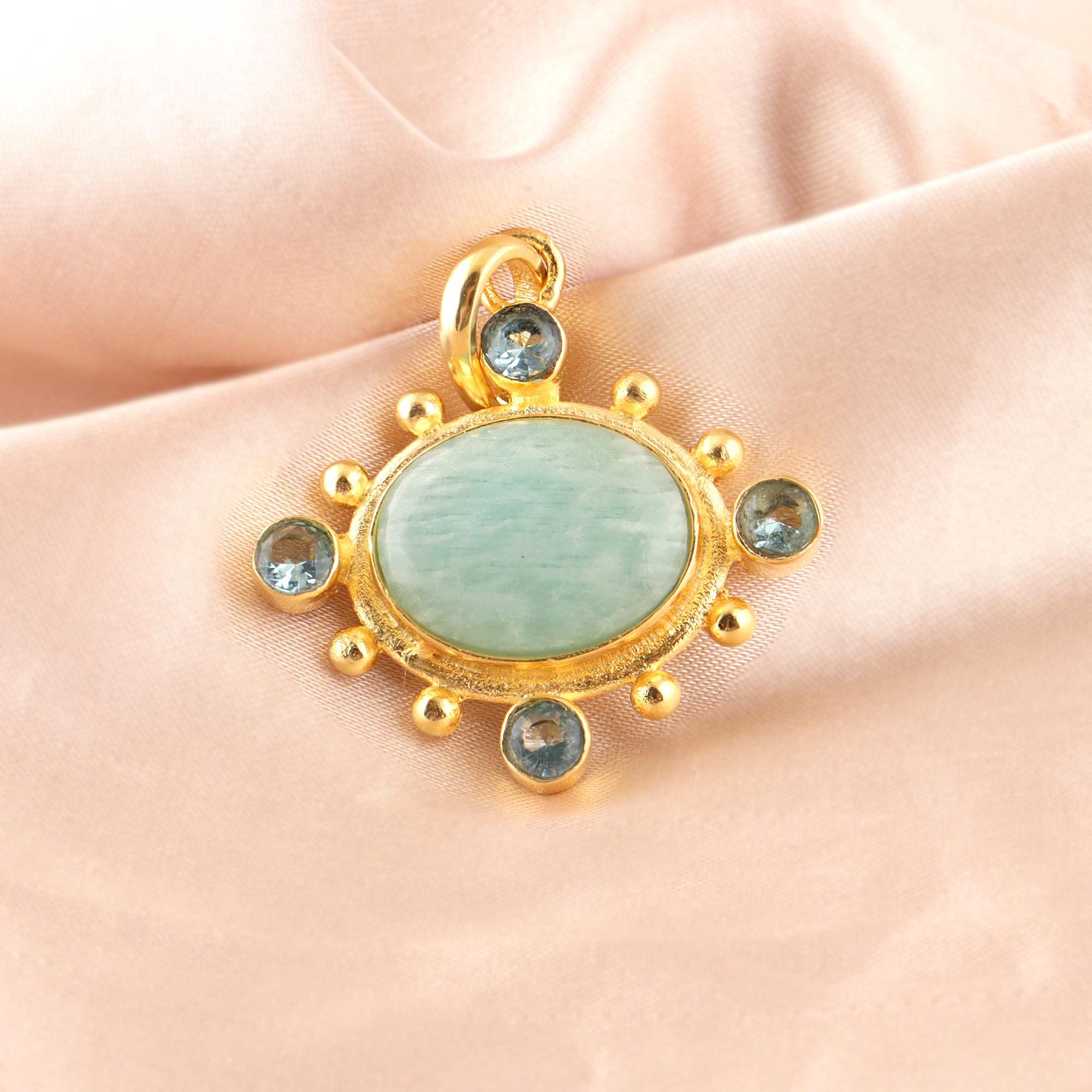 Amazonite with Sky Blue Quartz Oval Pendant, Gold Plated Necklace Connector