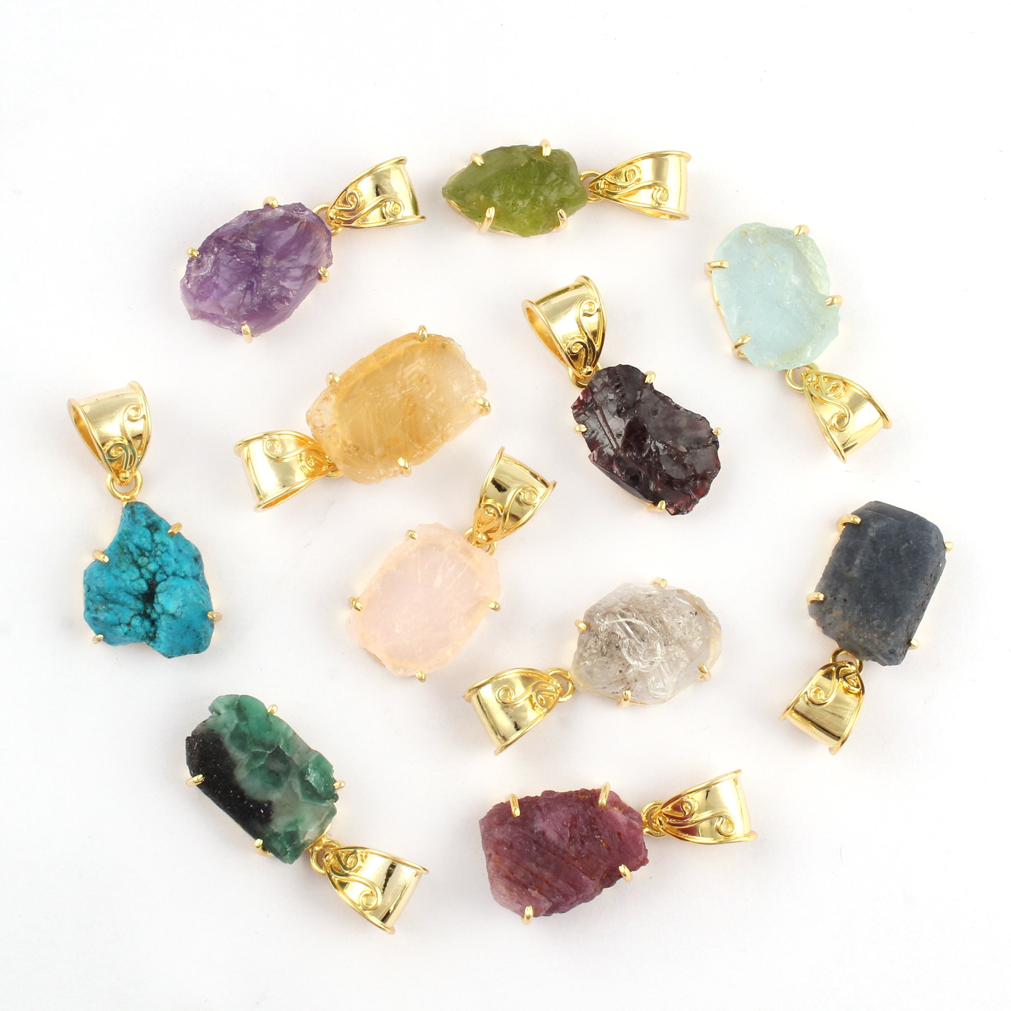 Raw Gemstone Pendant Connector, Gold Plated Rough Birthstone Charms