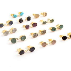 Choose Your Birthstone Stud Connectors, Natural Raw Rough Gemstone Gold Plated Studs with Bail, Birthstone Earrings Boho Jewelry Finding