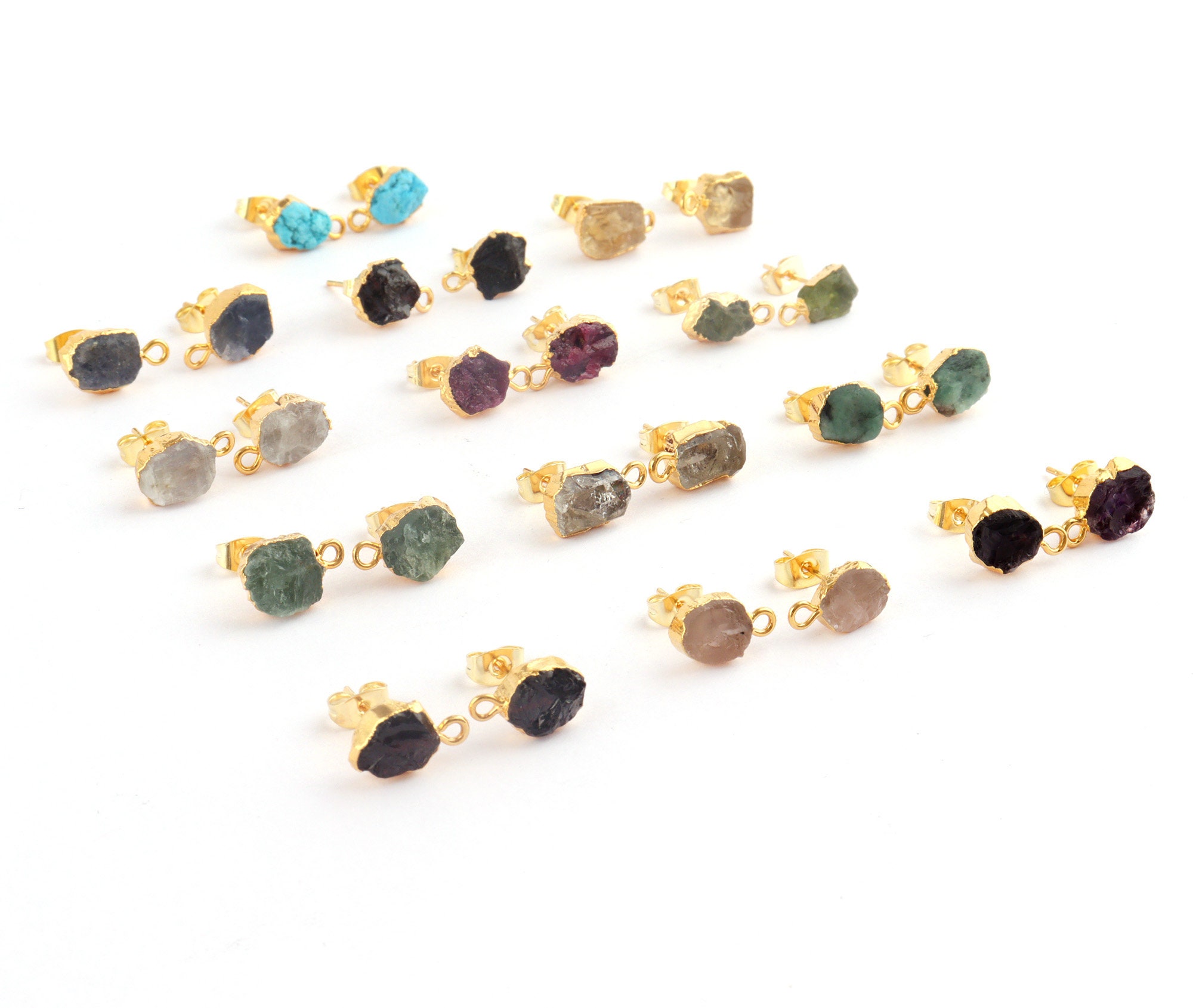 Raw Gemstone Stud Connectors, Gold Electroplated Birthstone Earring