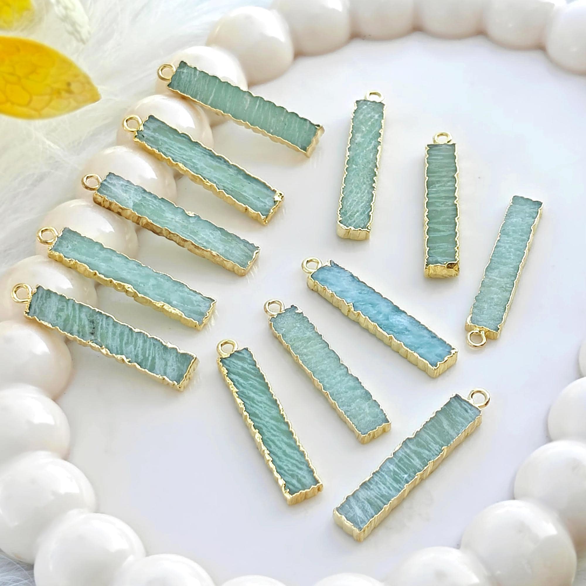 Natural Amazonite Bar Shape Charms Connector Gold Electroplated Single Bail Zig Zag