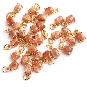 Natural Sunstone Oval Shape Gold Plated Pendant Connectors, 6X8mm Oval Orange Sunstone, DIY Necklace Sunstone Connector, Jewelry Supplies