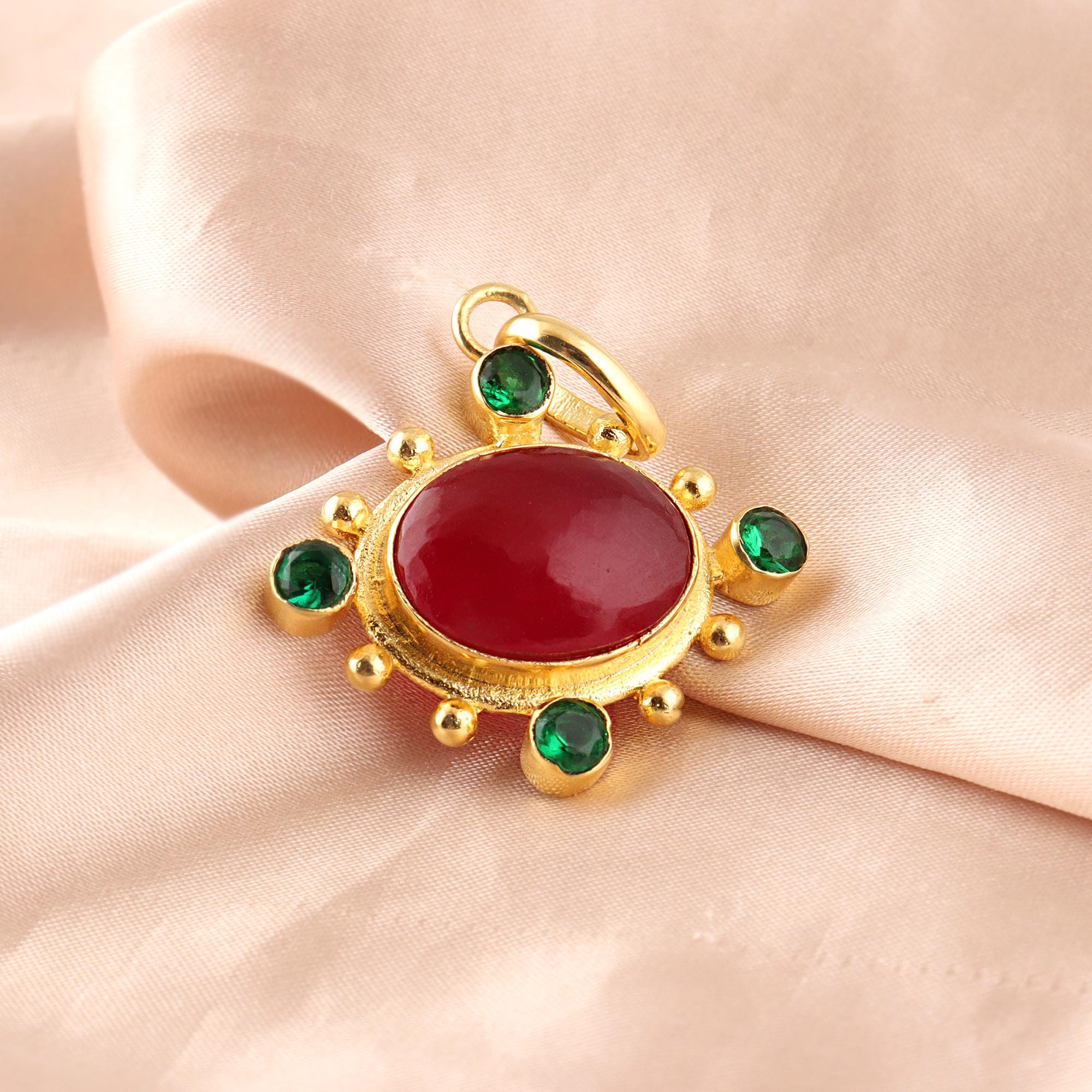 Ruby Jade with Emerald Quartz Oval Pendant, Gold Plated Necklace Connector