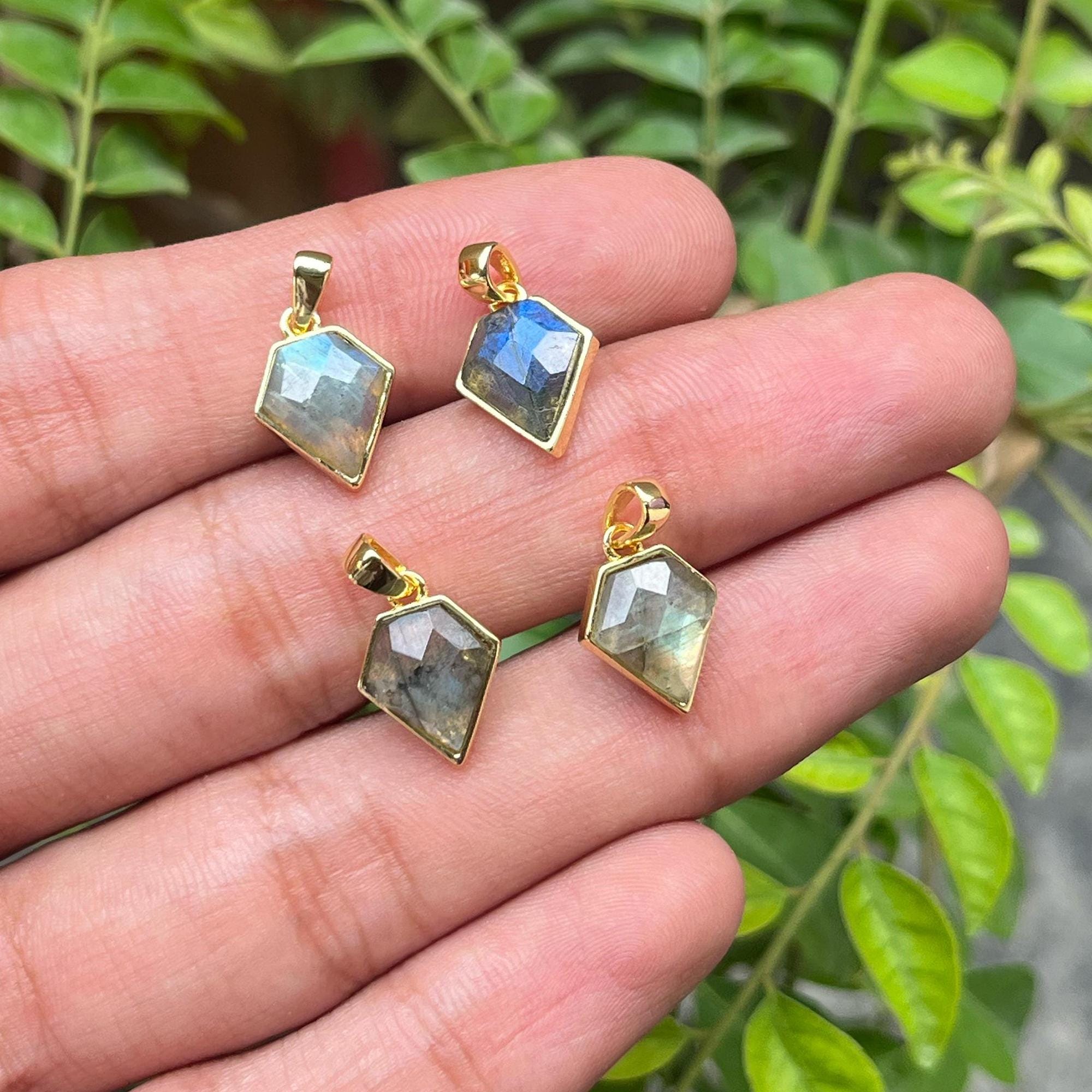 Gold Plated Diamond Gemstone Pendant, Flashy Labradorite