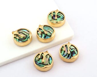Abalone Shell Pendant Charm: Round Gold Plated Necklace Connector Jewelry Finding Supply
