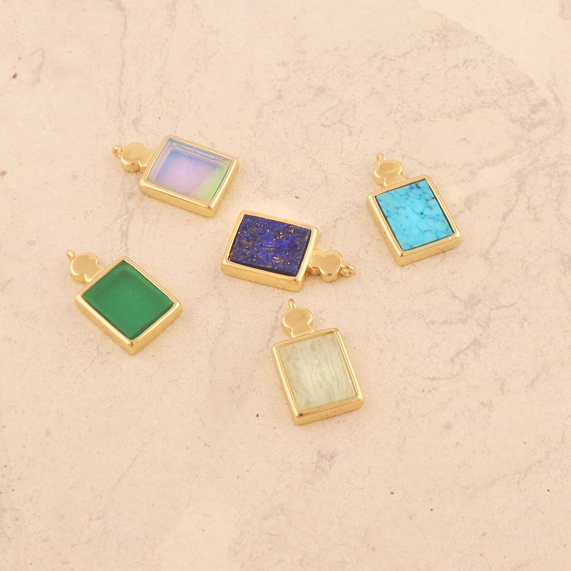 Gold Plated Gemstone Pendant Charm, Rectangle Connector Necklace Jewelry Opal