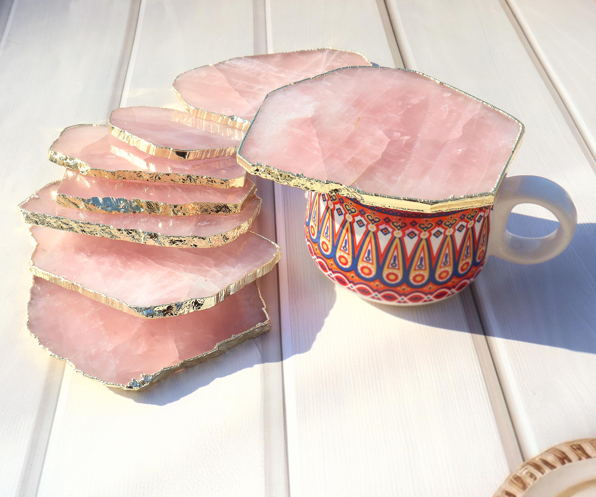 Rose Quartz Coaster, Gold Electroplated Edged Tea Coaster Home Décor