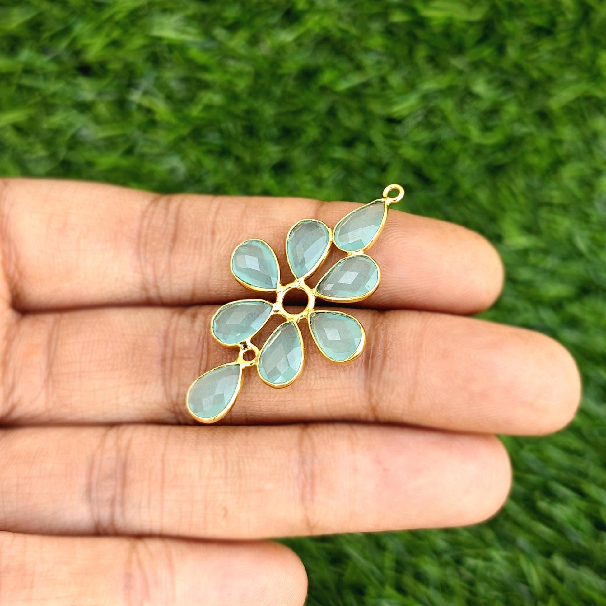 Chalcedony, Quartz Gemstone Pendant Charms, Gold Plated Leaf Design Bezel Set Jewelry