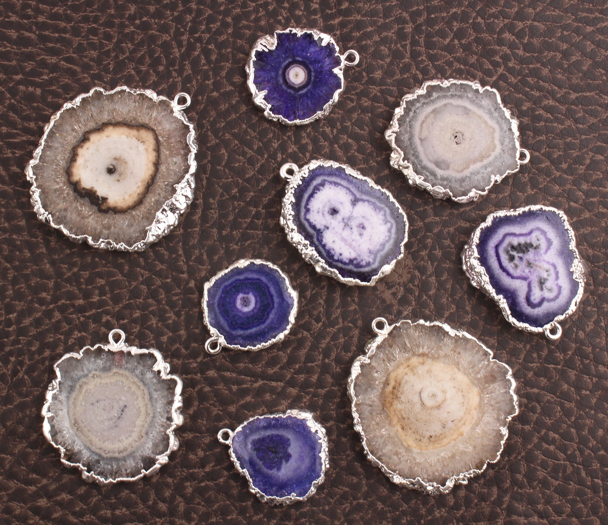 Natural Geode Slice Solar Quartz Chalcedony Silver Plated Pendant Connector