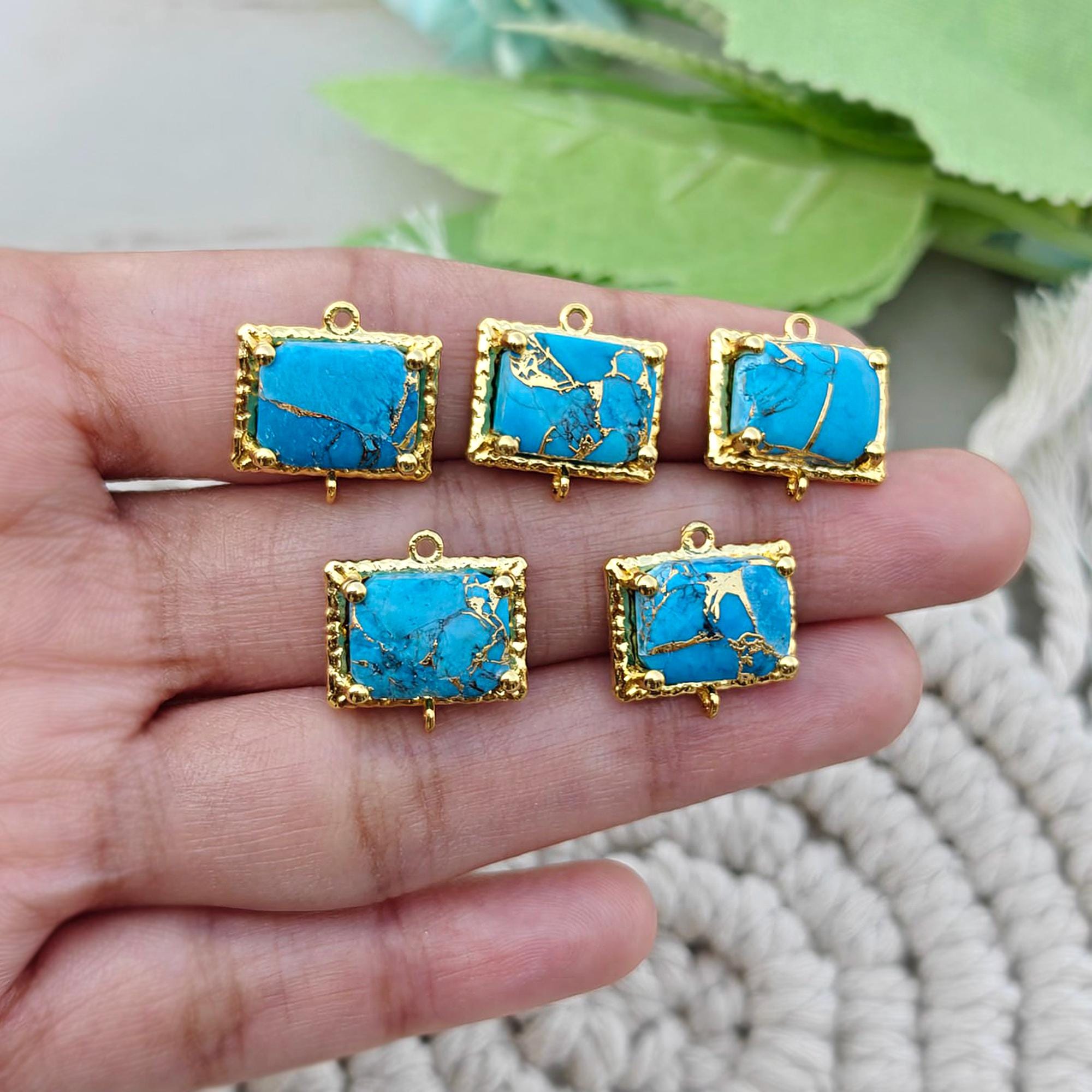 Blue Copper Turquoise 10x12mm Rectangle Gemstone Charm Connectors Designer Gold