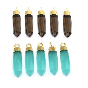 Dainty Gemstone Pencil Pendant Charm - Gold Electroplated Edge 6x24 mm Pencil Point Quartz Connectors - Wholesale Jewelry Finding Selling