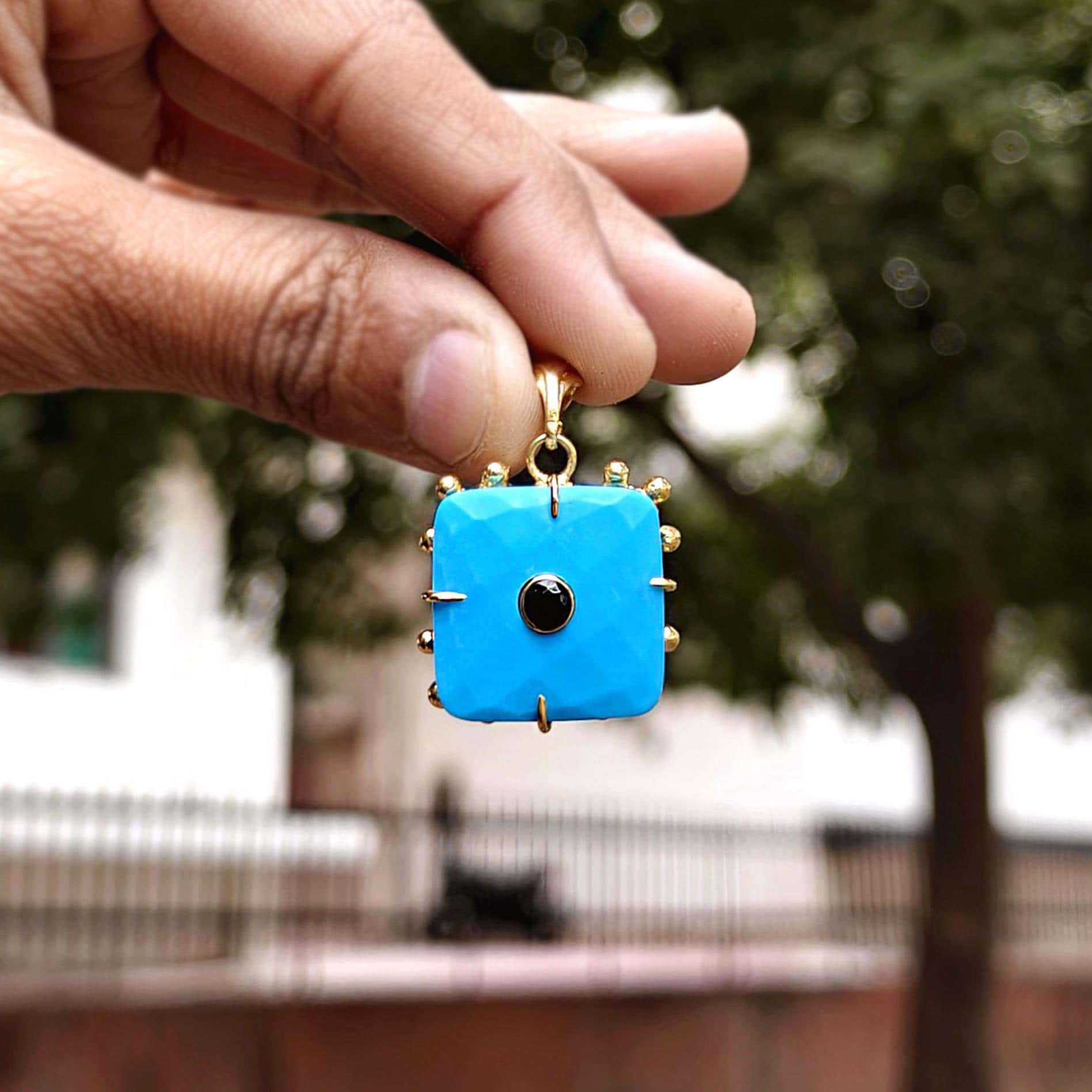 Blue Turquoise Gold Plated Pendant with Black Onyx Accent Charm Necklace