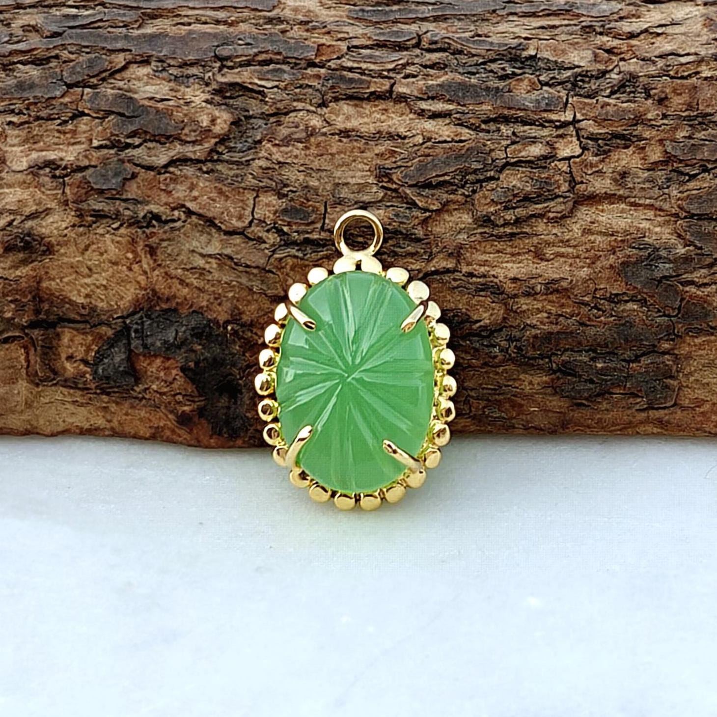 Oval Carved Prehnite Jade Pendant Charm, Gold Plated Prong Set Connectors