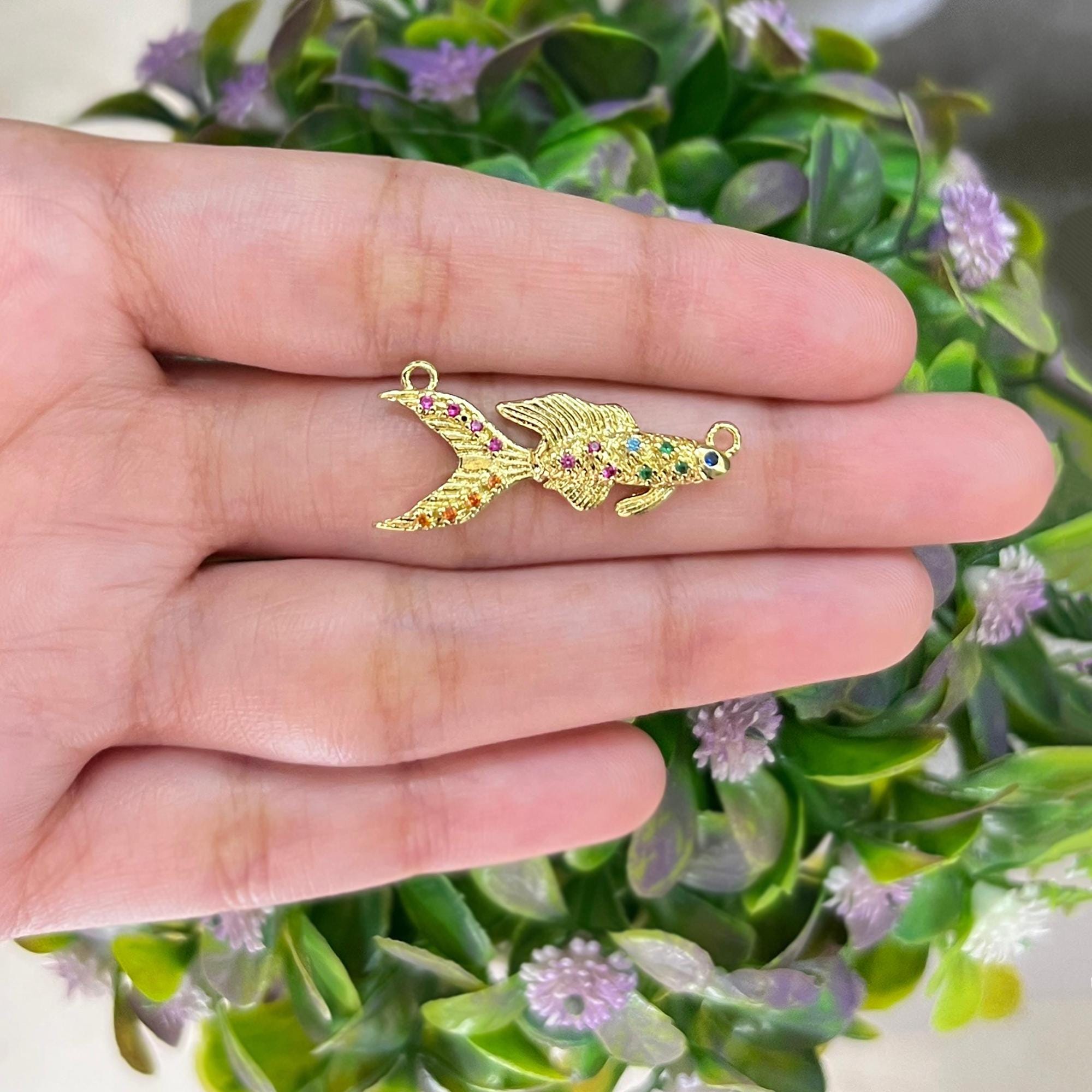 18K Gold Filled Fish Pendant Charm, Tiny CZ Necklace Connector