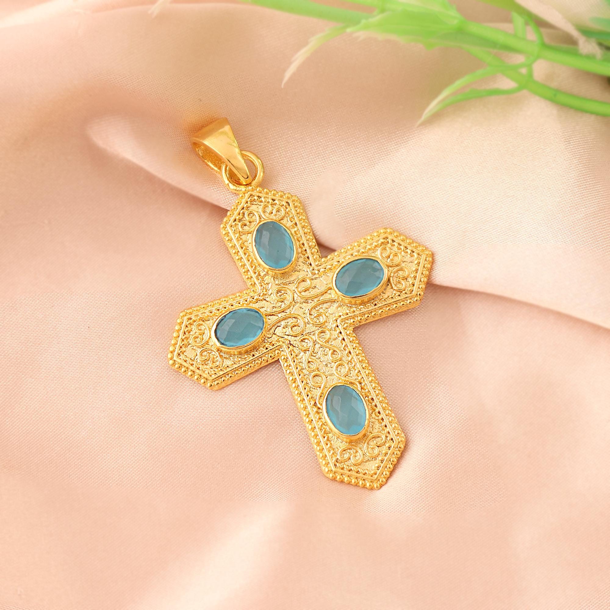Emerald Quartz Cross Pendant, Gold Plated Black Onyx Religious Necklace Charm