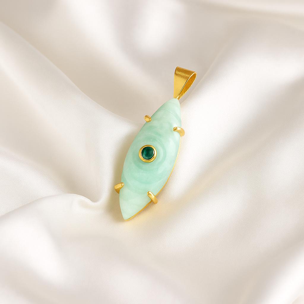 Evil Eye Amazonite Pendant, Emerald Quartz Gold Plated Prong Set Charm Necklace