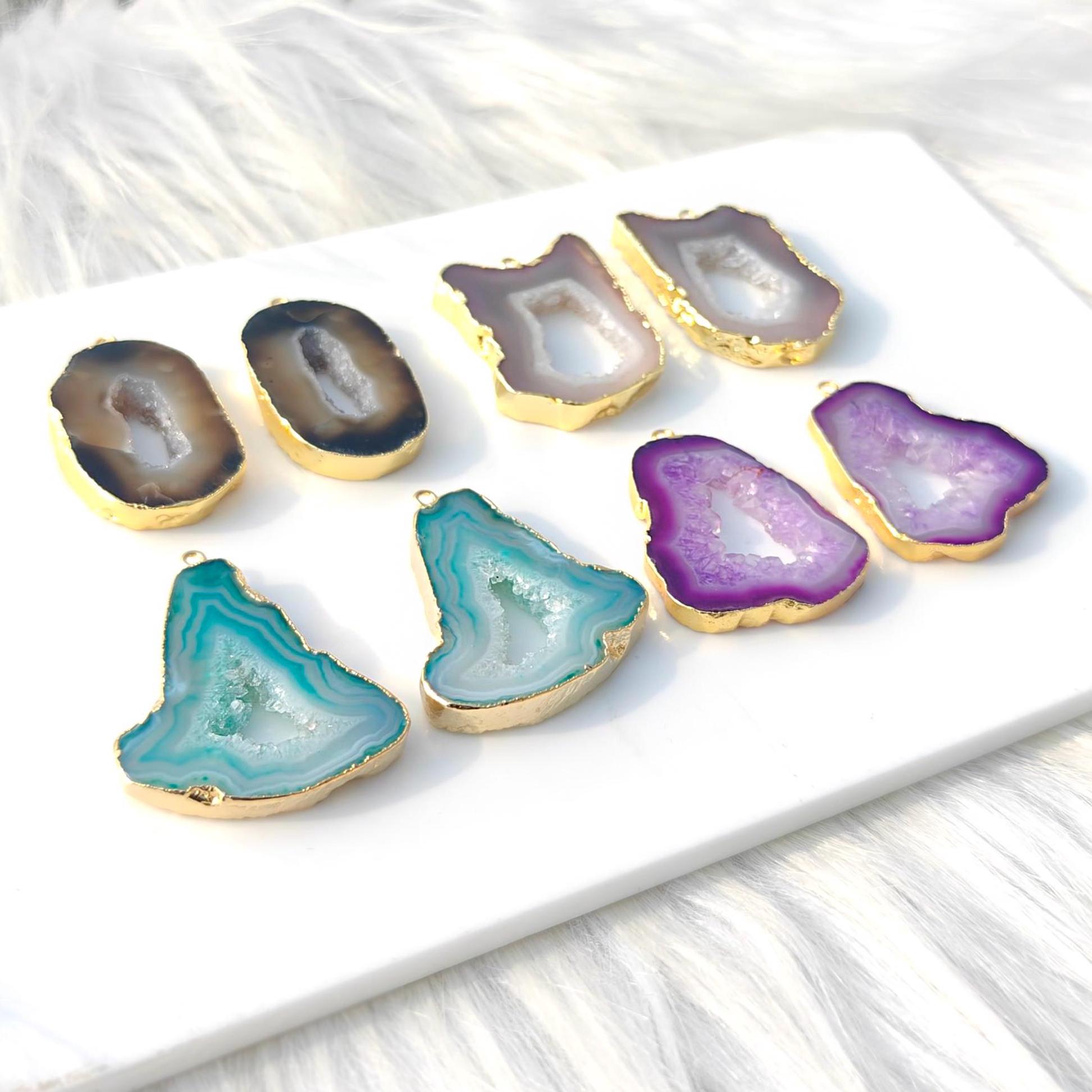 Gold Electroplated Agate Slice Druzy Connector Pairs, Earring Jewelry