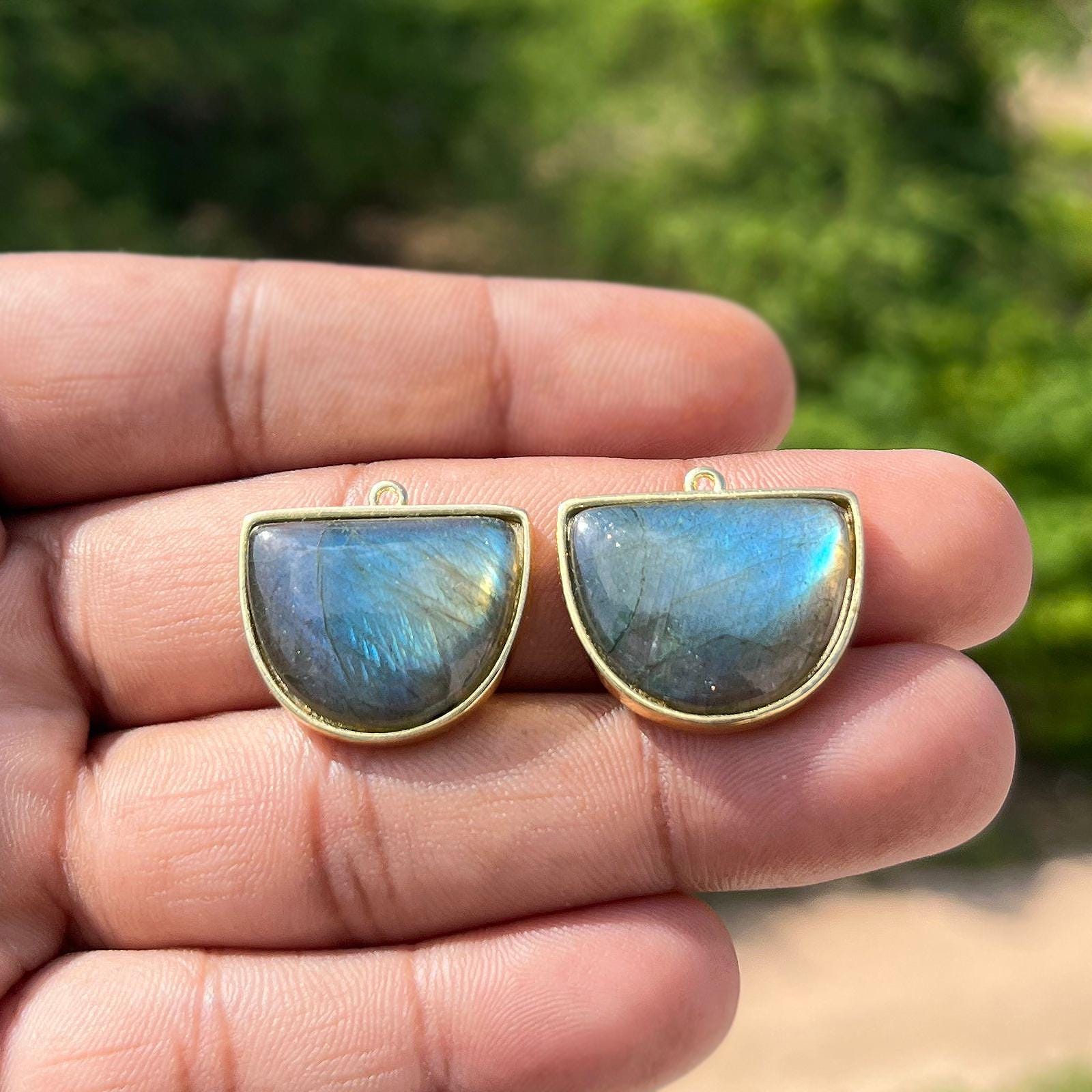 Natural Labradorite Earring Pair Gold Plated Connectors Amazonite D Shape Jewelry