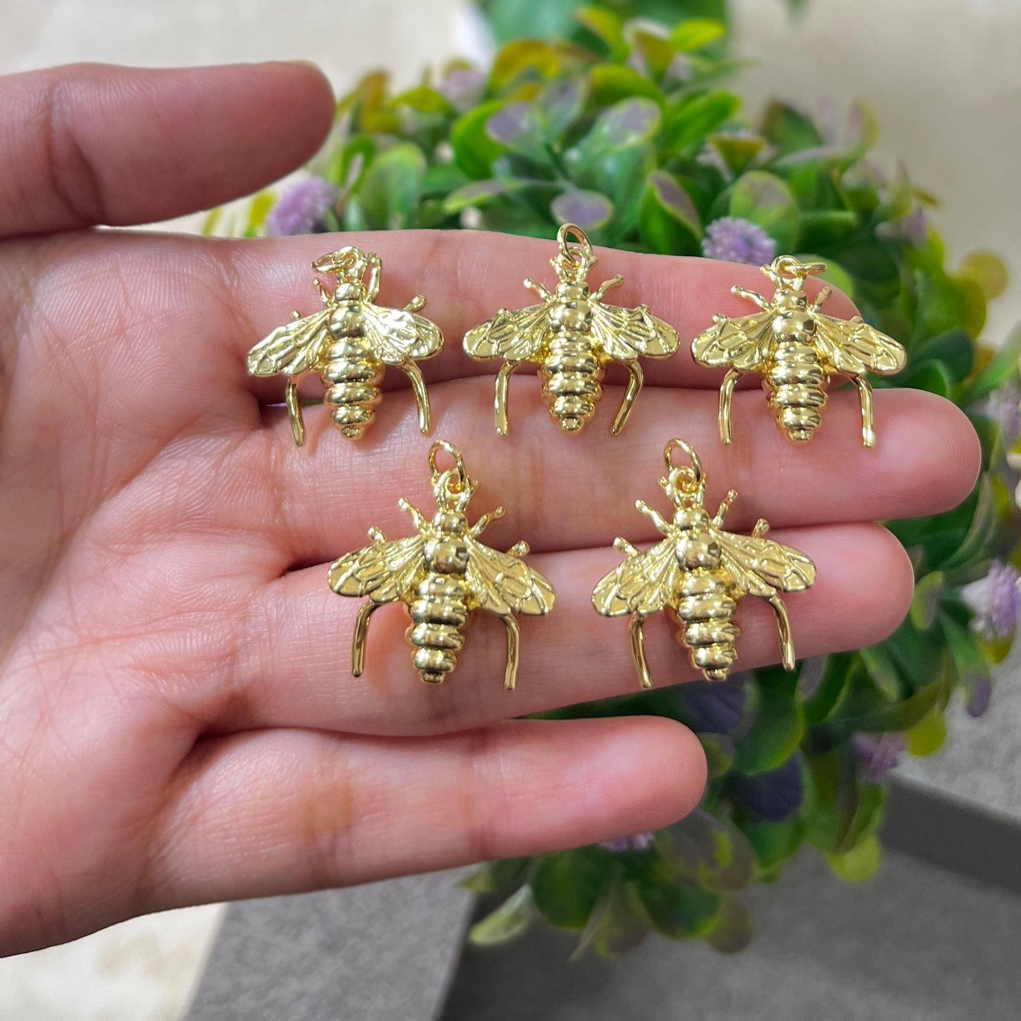 18k Gold Plated Bee Pendant Charm, Honeybee Connector Insect