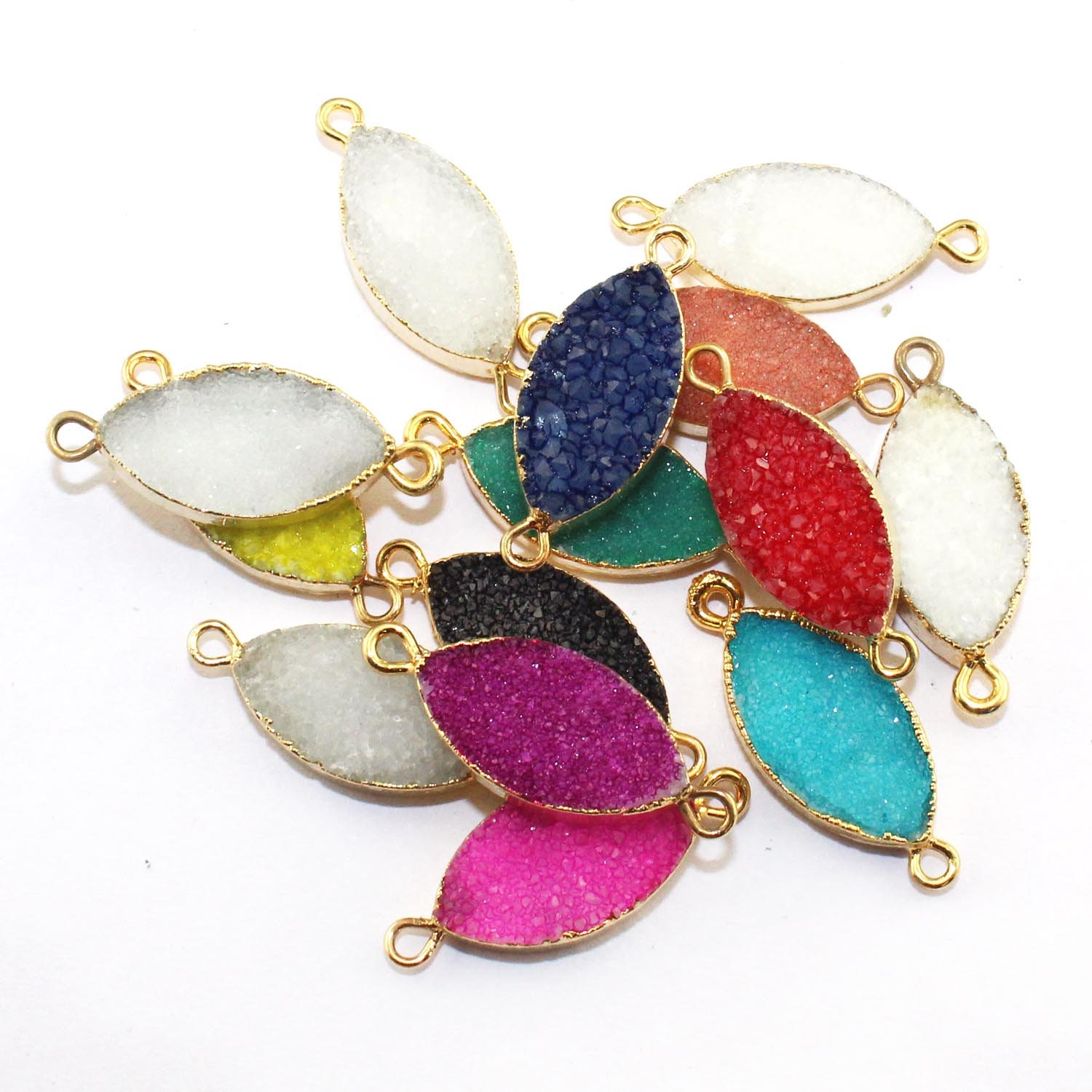 Sugar Druzy Marquise Connectors, Gold Electroplated Pendants
