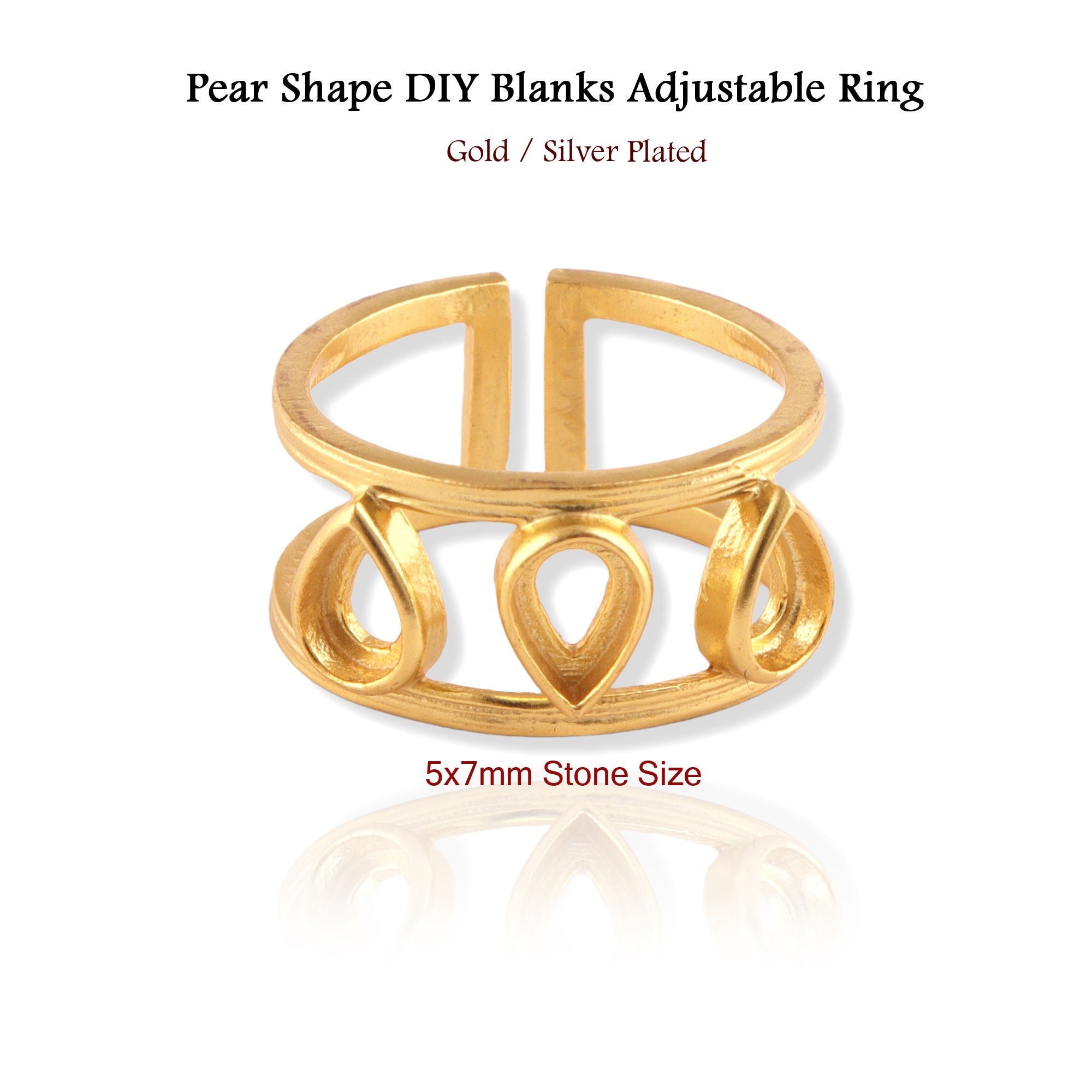 Triple Pear Stone Ring Blank, Adjustable Brass Casting