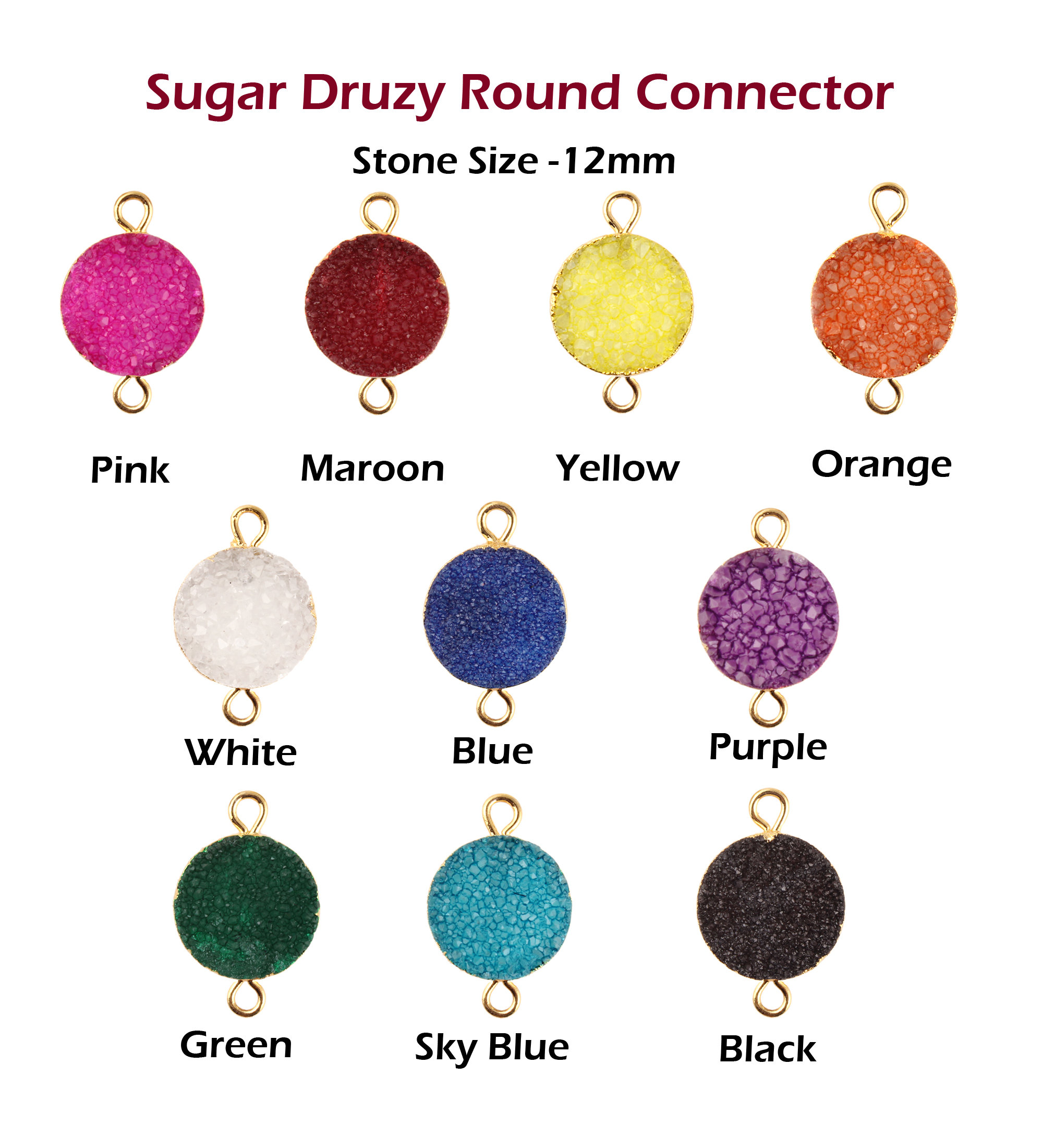 Natural Sugar Druzy Connector, Round Double Bail Gold Electroplated Jewelry Charm