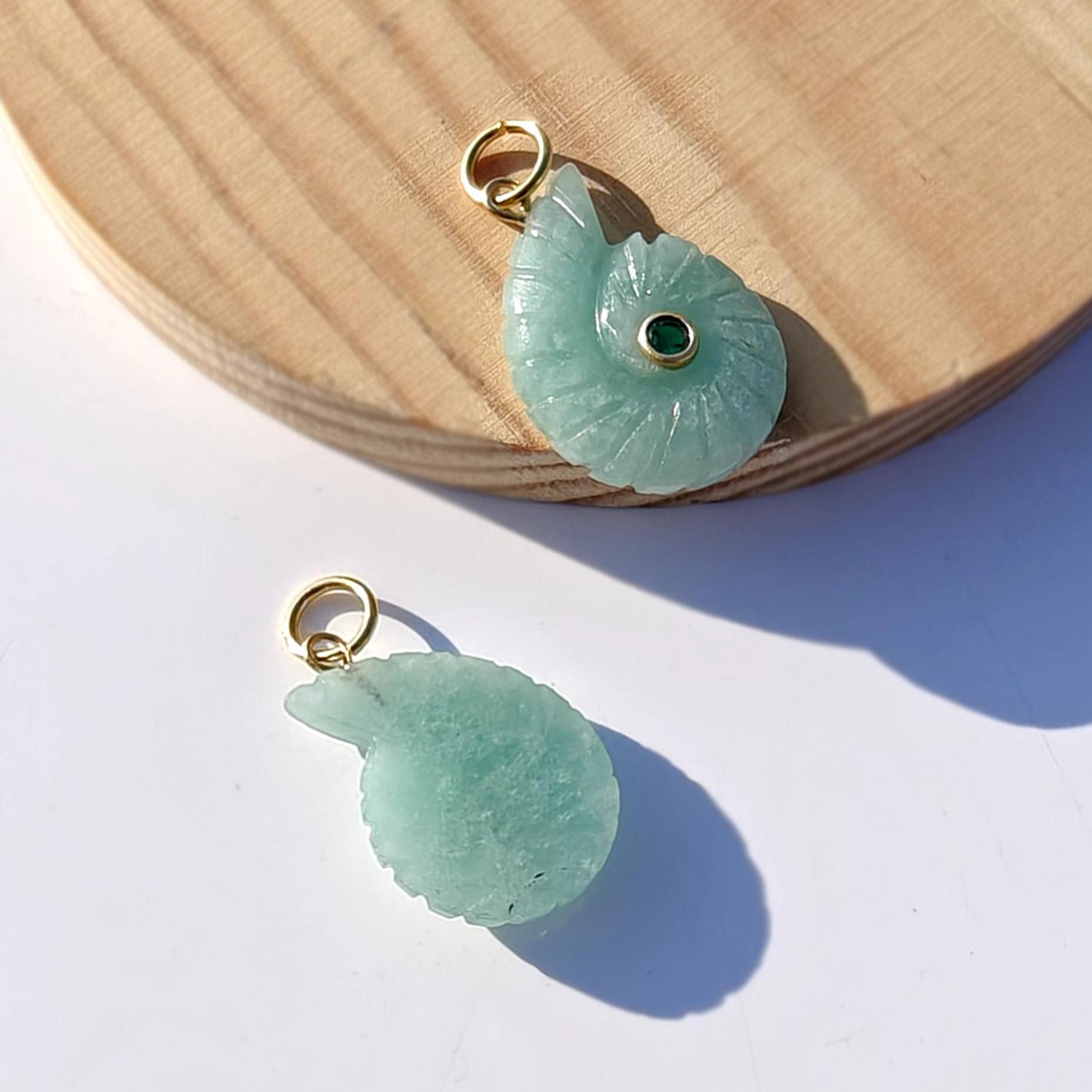 Amazonite Gemstone Ammonite Carved Pendant Charms, Tiny Emerald