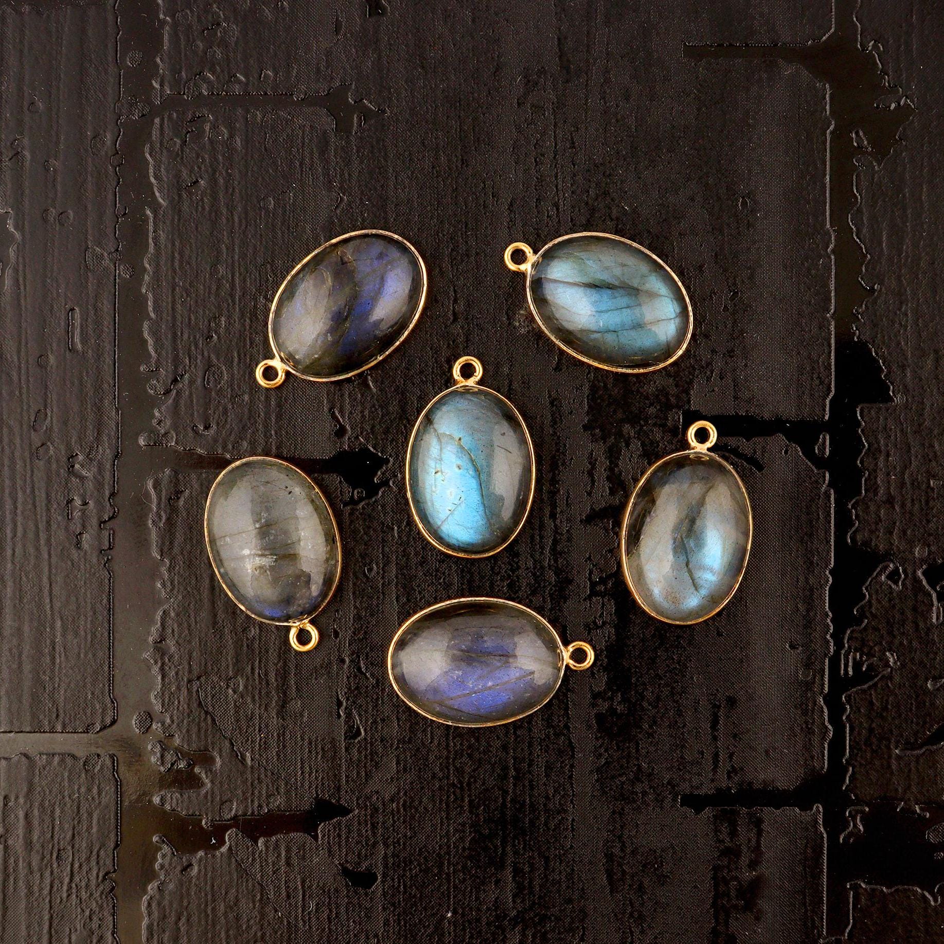 Natural Blue Fire Labradorite Gemstone Connector, Gold Plated Single Bail Charms