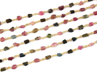 Perles de pépites de tourmaline multicolores naturelles plaquées or chaîne de chapelet à maillons enveloppés