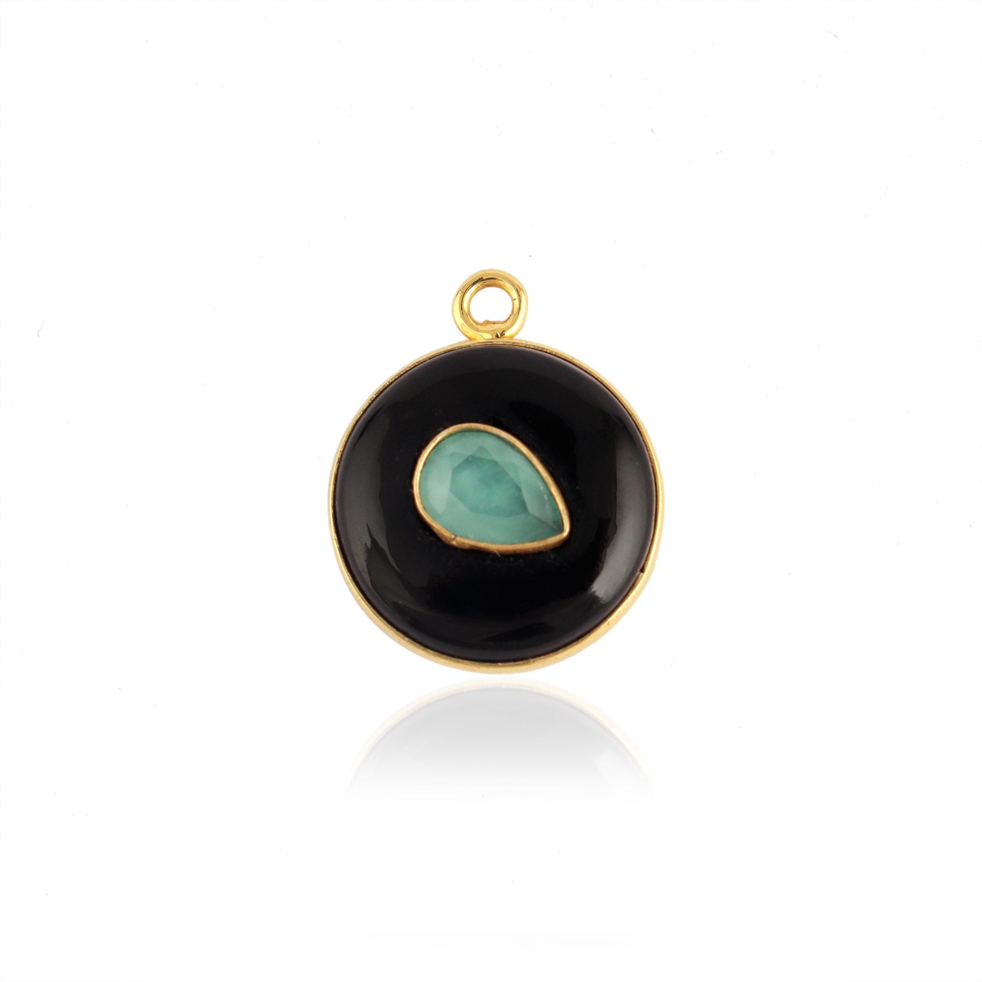 Round Black Onyx Pendant Charm, Pear Chalcedony Accent Jewelry Crafting Connectors