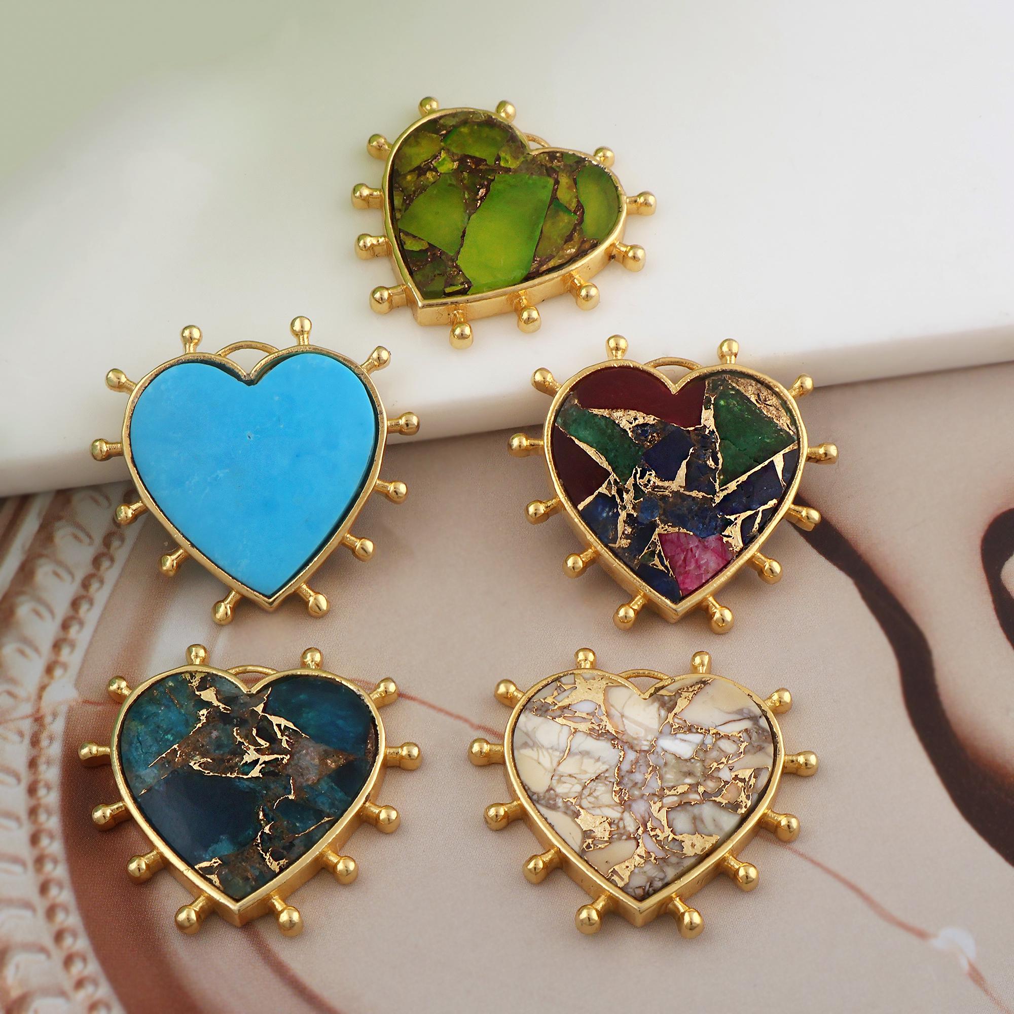 Mohave Copper Turquoise Heart Pendant, Gold Plated Jewelry Connector Charm