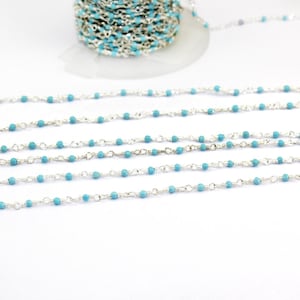 Smooth Polished Round Light Blue Turquoise 2mm Beads Silver Plated Wire Wrapped Beads Rosary Chain By Foot Necklace Making Chain Jewelry