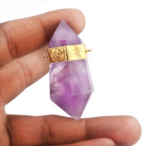 Amethyst Spike Pendant, Double Terminated Amethyst Gold Plated Pendants For Women, 24x59 Mm Spike Amethyst Crystal Jewelry Finding